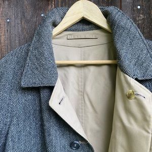 Vintage Burberry England Reversible Wool Tweed Cotton Poplin Overcoat 42 L